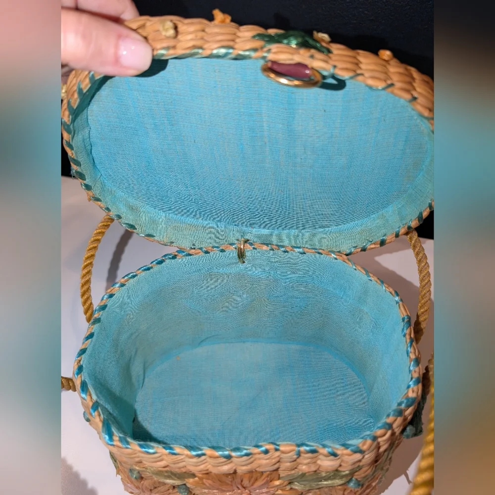 Vintage 1970s Raffia Woven Floral Handbag Purse Cottagecore